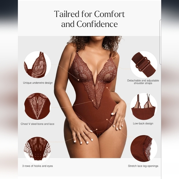 Popilush Dark Brown Corset V Neck Lace Shapewear Tummy Control Bodysuit Size XL - Picture 3 of 12